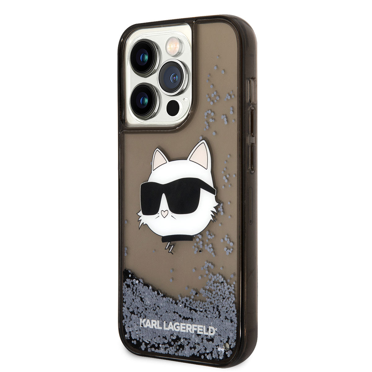 Apple iPhone 14 Pro Kılıf Karl Lagerfeld Sıvılı Simli Choupette Head Dizayn Kapak Siyah