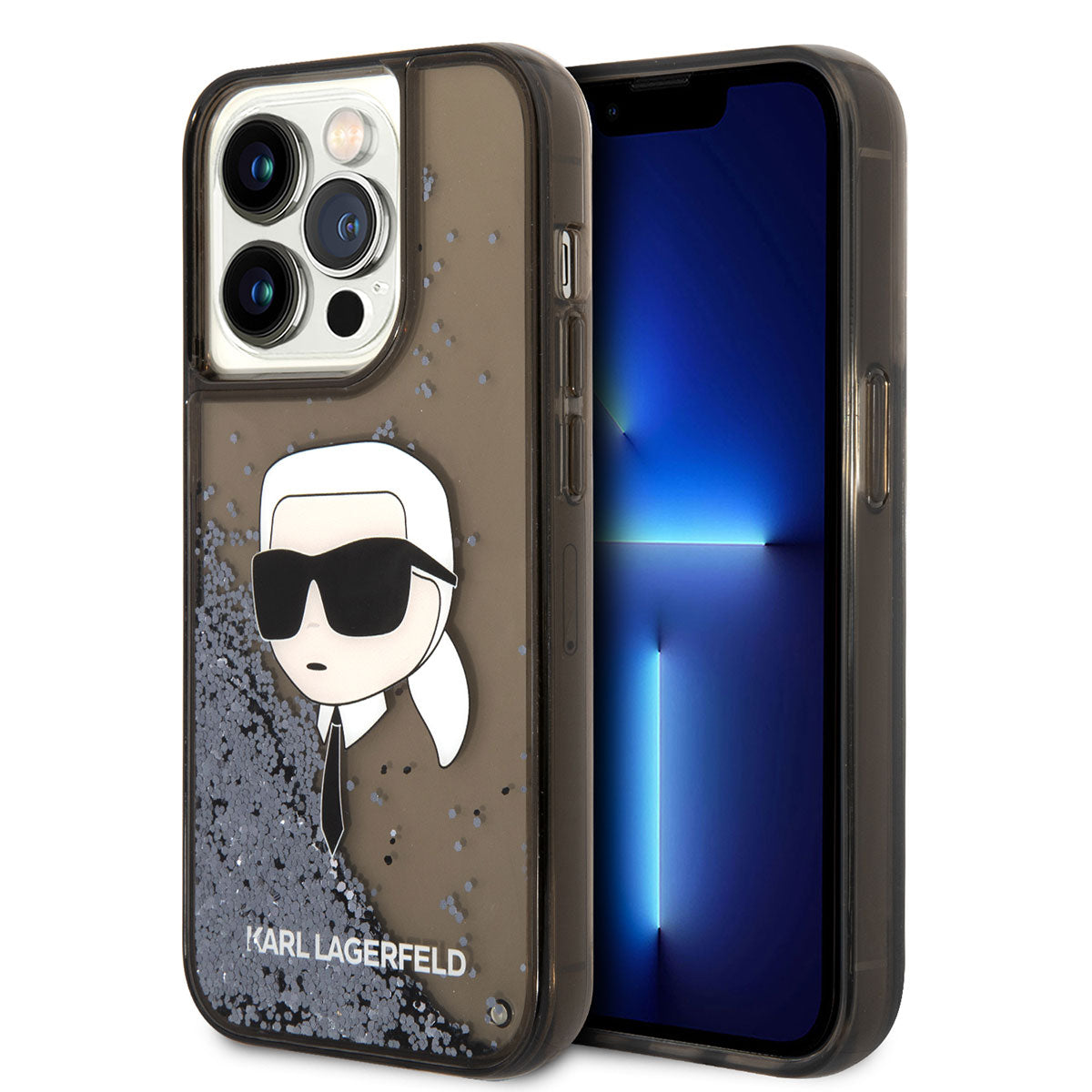 Apple iPhone 14 Pro Kılıf Karl Lagerfeld Sıvılı Simli Karl Head Dizayn Kapak Siyah