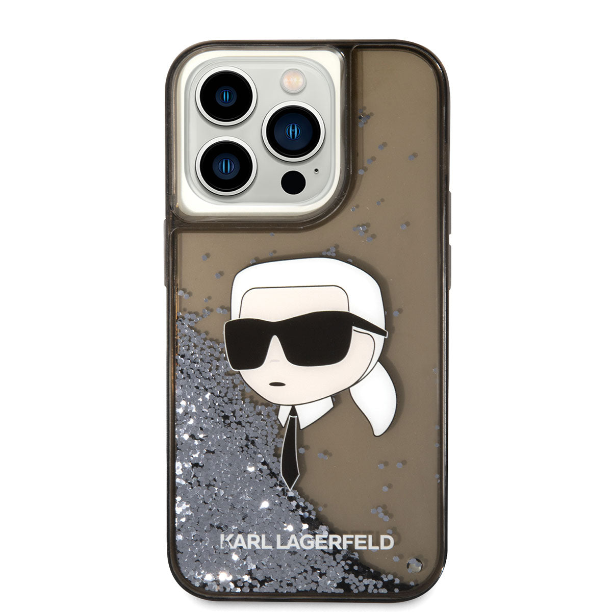 Apple iPhone 14 Pro Kılıf Karl Lagerfeld Sıvılı Simli Karl Head Dizayn Kapak Siyah