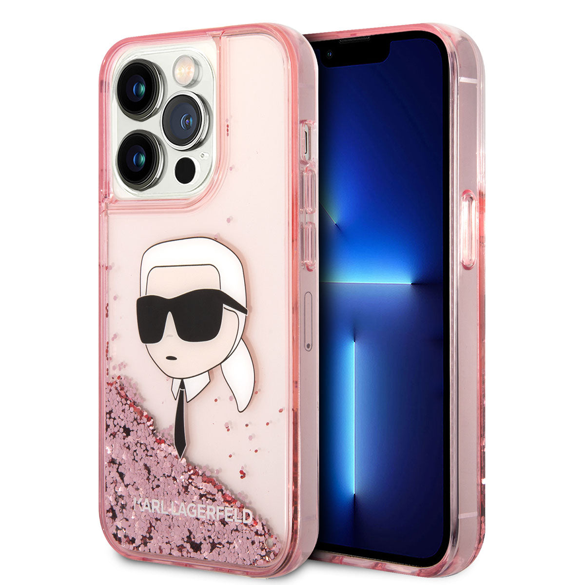 Apple iPhone 14 Pro Kılıf Karl Lagerfeld Sıvılı Simli Karl Head Dizayn Kapak Pembe