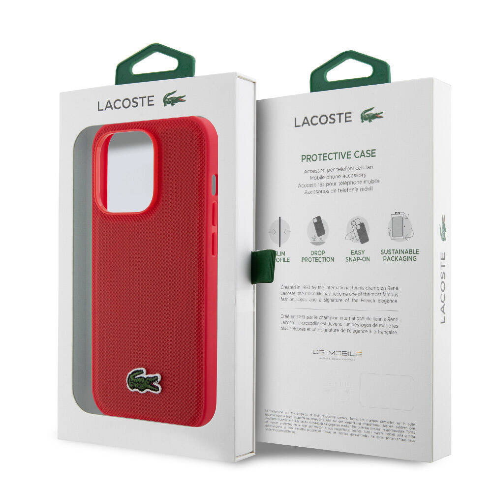 Apple iPhone 14 Pro Kılıf Lacoste Orjinal Lisanslı PU Pike Desenli Arka Yüzey İkonik Timsah Dokuma Logolu Kapak Kırmızı