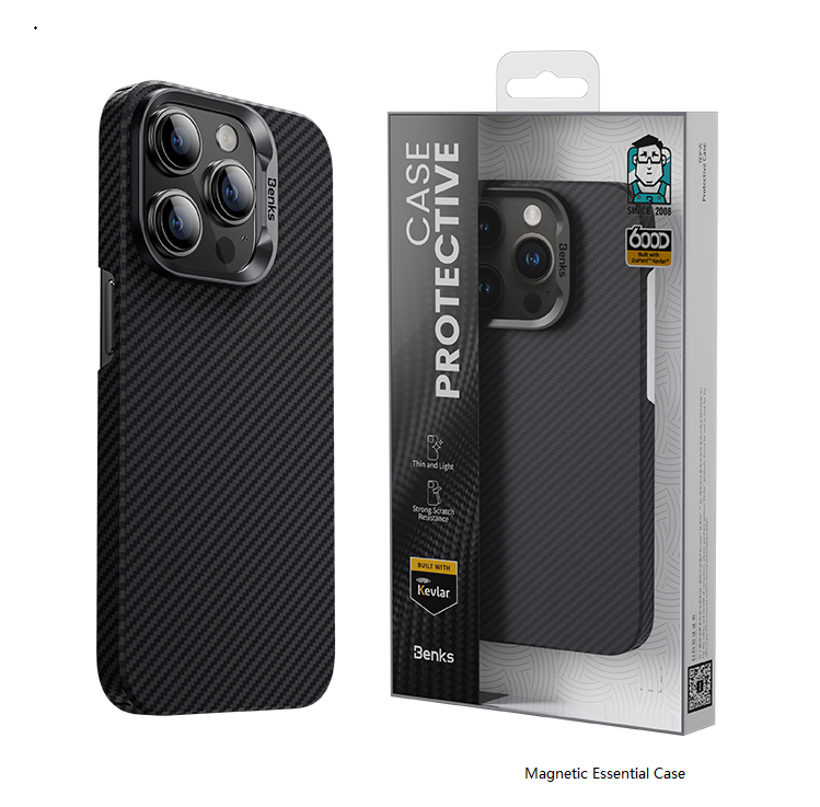 Apple iPhone 14 Pro Kılıf M-safe Şarj Özellikli Karbon Fiber Benks MFM Lisanslı 600D Essential Kevlar Kapak Siyah
