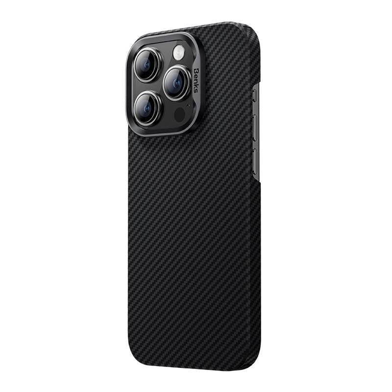 Apple iPhone 14 Pro Kılıf M-safe Şarj Özellikli Karbon Fiber Benks MFM Lisanslı 600D Essential Kevlar Kapak Siyah