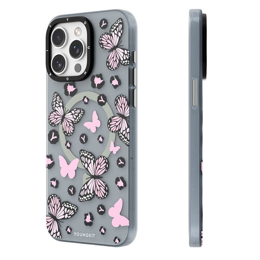 Apple iPhone 14 Pro Kılıf M-safe Şarj Özellikli Kelebek Desenli Youngkit Shadow Dance Serisi Kapak Pembe