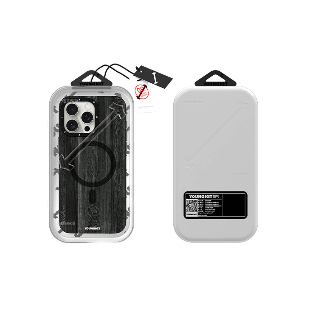 Apple iPhone 14 Pro Kılıf M-safe Şarj Özellikli Sararmaya Dayanıklı Youngkit Wood Forest Serisi Kapak Siyah