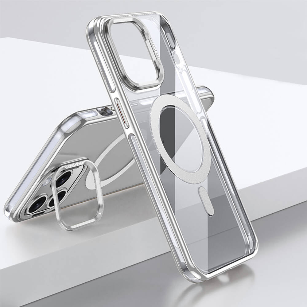 Apple iPhone 14 Pro Kılıf M-safe Şarj Özellikli Wlons Standlı Efsane Kapak Gümüş