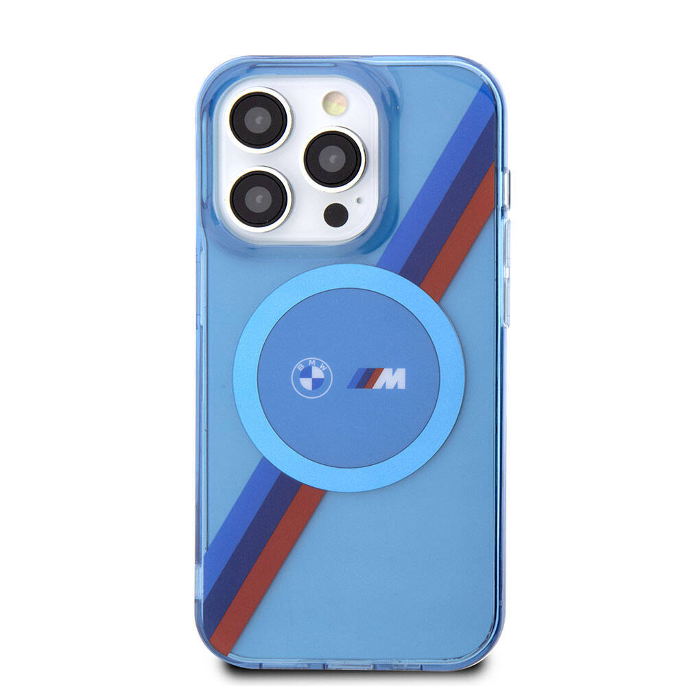 Apple iPhone 14 Pro Max Kılıf BMW M-safe Şarj Özellikli Transparan Tricolor Stripes Orjinal Lisanslı Kapak Mavi