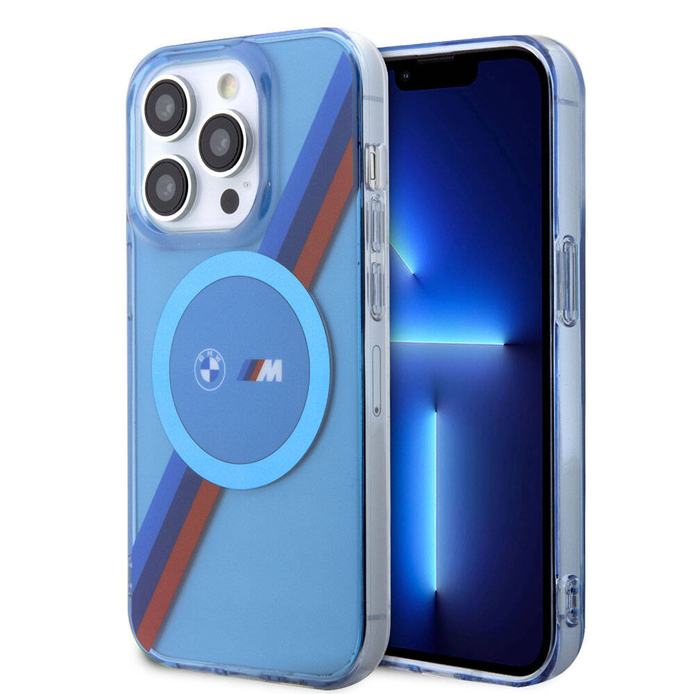Apple iPhone 14 Pro Max Kılıf BMW M-safe Şarj Özellikli Transparan Tricolor Stripes Orjinal Lisanslı Kapak Mavi
