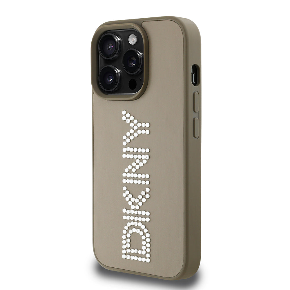 Apple iPhone 14 Pro Max Kılıf DKNY Orjinal Lisanslı Taşlı DKNY Yazılı Metalik Rhinestones PU Deri Kapak Kahverengi
