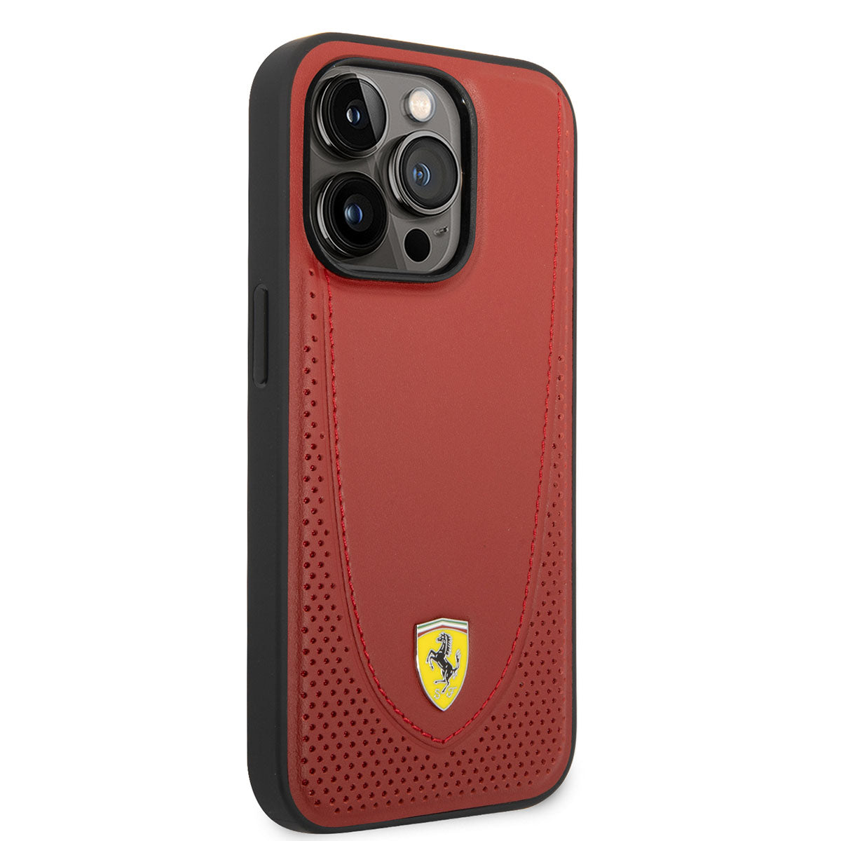 Apple iPhone 14 Pro Max Kılıf Ferrari M-safe Şarj Özellikli Deri Delikli Dikişli Dizayn Kapak Kırmızı