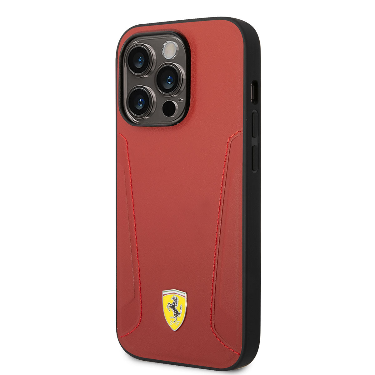 Apple iPhone 14 Pro Max Kılıf Ferrari M-safe Şarj Özellikli Deri Kenarları Damgalı Dizayn Kapak Kırmızı