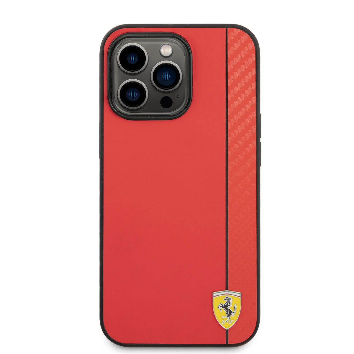 Apple iPhone 14 Pro Max Kılıf Ferrari M-safe Şarj Özellikli PU Deri Karbon Şeritli Dizayn Kapak Kırmızı