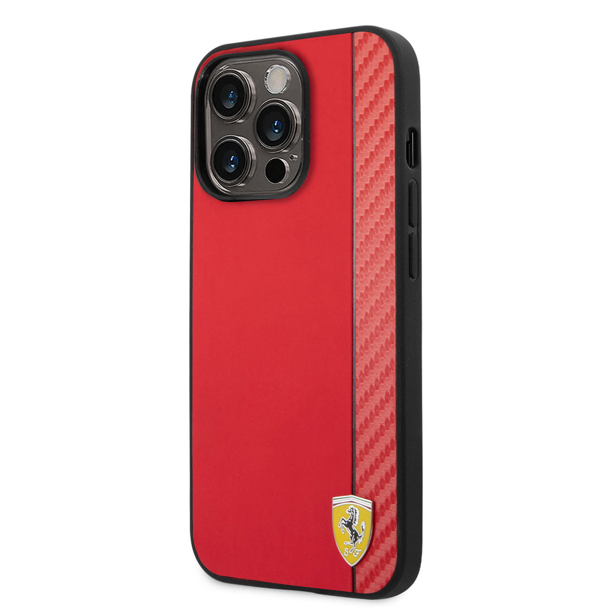 Apple iPhone 14 Pro Max Kılıf Ferrari M-safe Şarj Özellikli PU Deri Karbon Şeritli Dizayn Kapak Kırmızı