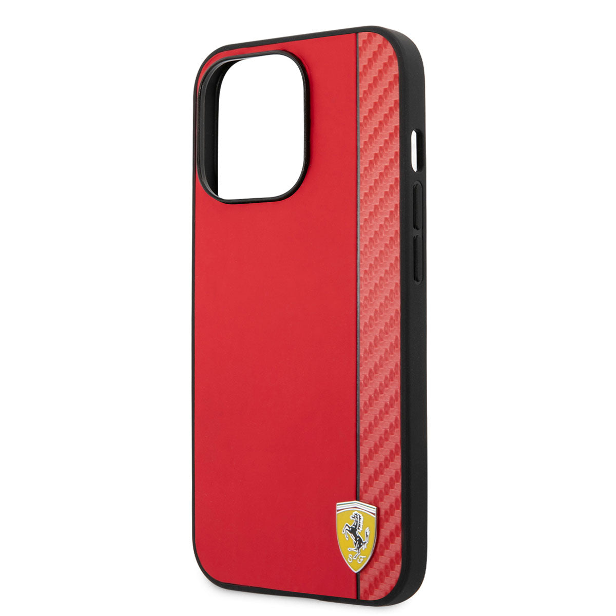 Apple iPhone 14 Pro Max Kılıf Ferrari M-safe Şarj Özellikli PU Deri Karbon Şeritli Dizayn Kapak Kırmızı