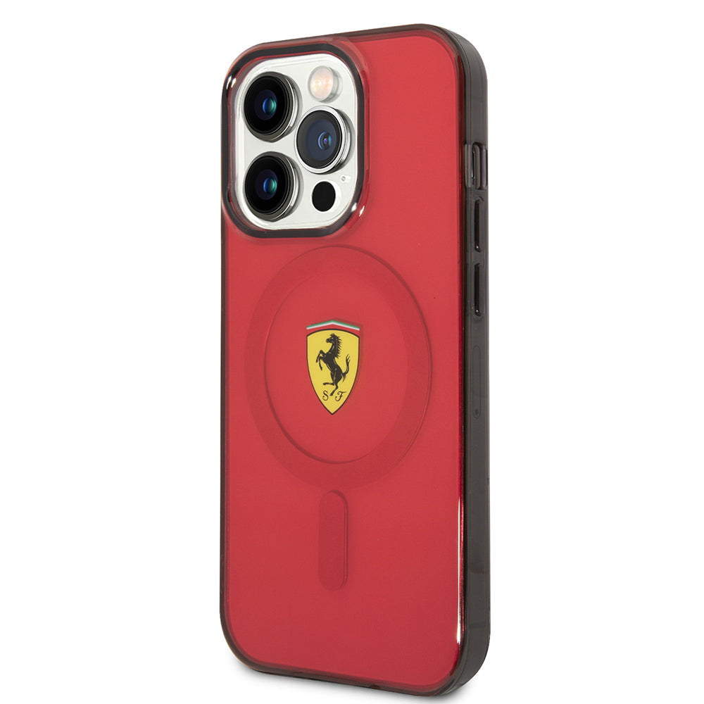 Apple iPhone 14 Pro Max Kılıf Ferrari M-safe Şarj Özellikli Yarı Transparan Dizayn Kapak Kırmızı