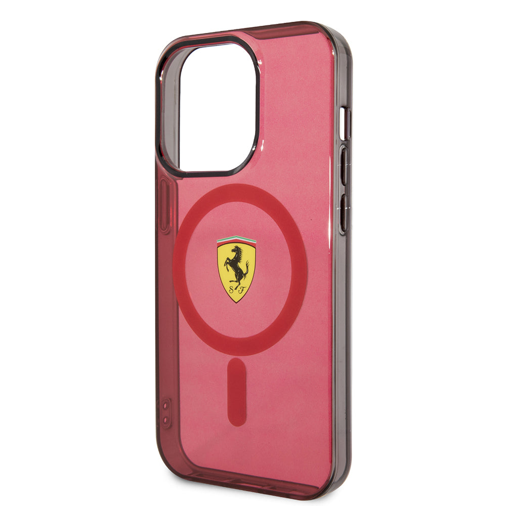 Apple iPhone 14 Pro Max Kılıf Ferrari M-safe Şarj Özellikli Yarı Transparan Dizayn Kapak Kırmızı