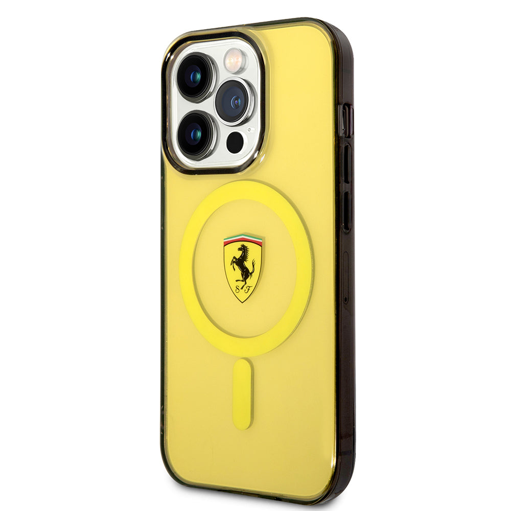 Apple iPhone 14 Pro Max Kılıf Ferrari M-safe Şarj Özellikli Yarı Transparan Dizayn Kapak Sarı