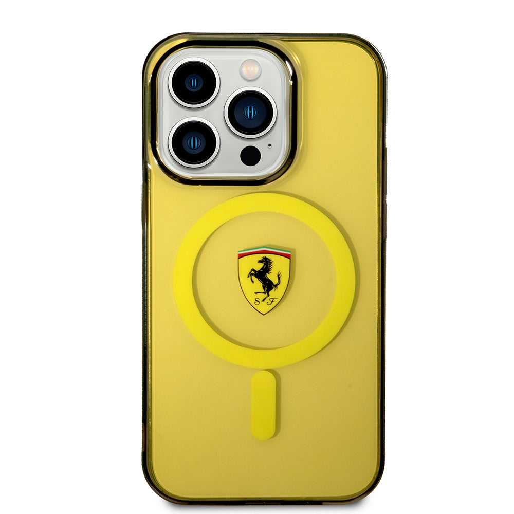 Apple iPhone 14 Pro Max Kılıf Ferrari M-safe Şarj Özellikli Yarı Transparan Dizayn Kapak Kırmızı
