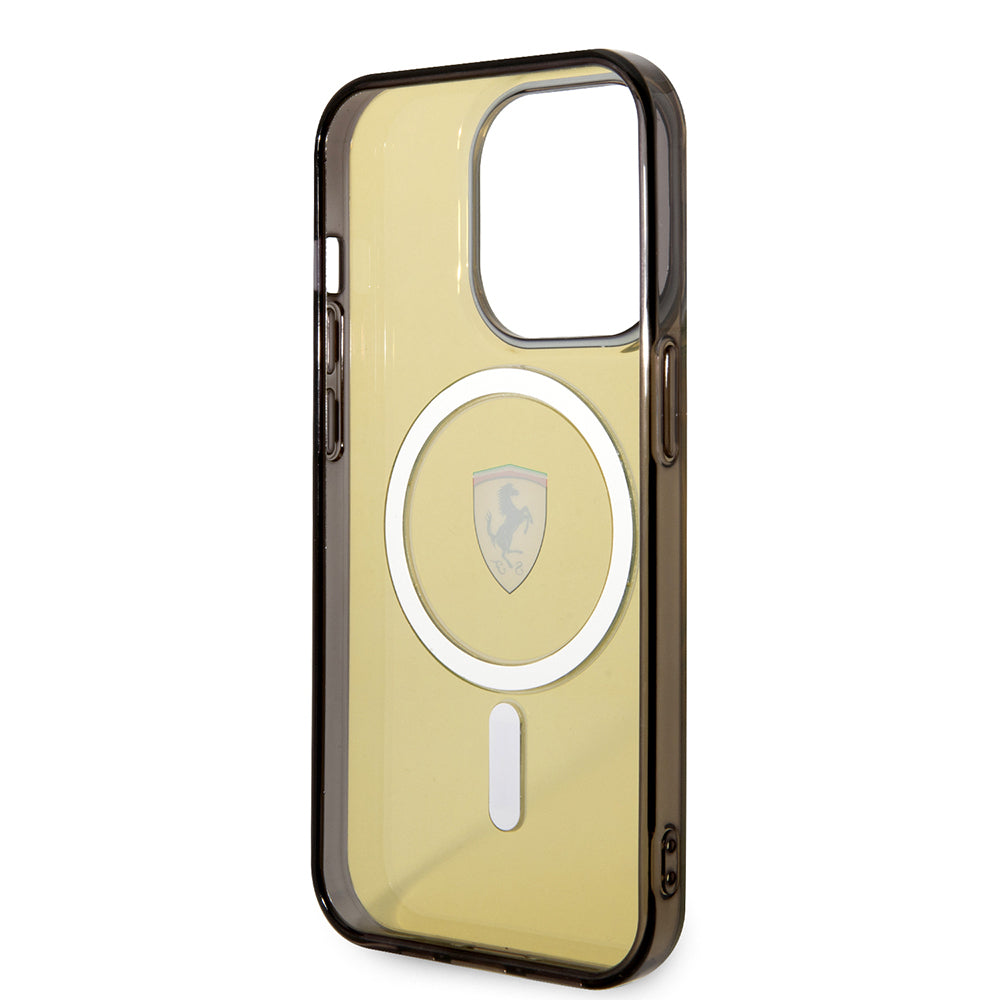 Apple iPhone 14 Pro Max Kılıf Ferrari M-safe Şarj Özellikli Yarı Transparan Dizayn Kapak Sarı