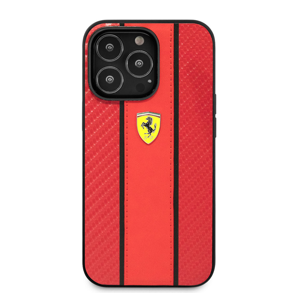 Apple iPhone 14 Pro Max Kılıf Ferrari PU Deri Ve Karbon Dizayn Kapak Kırmızı