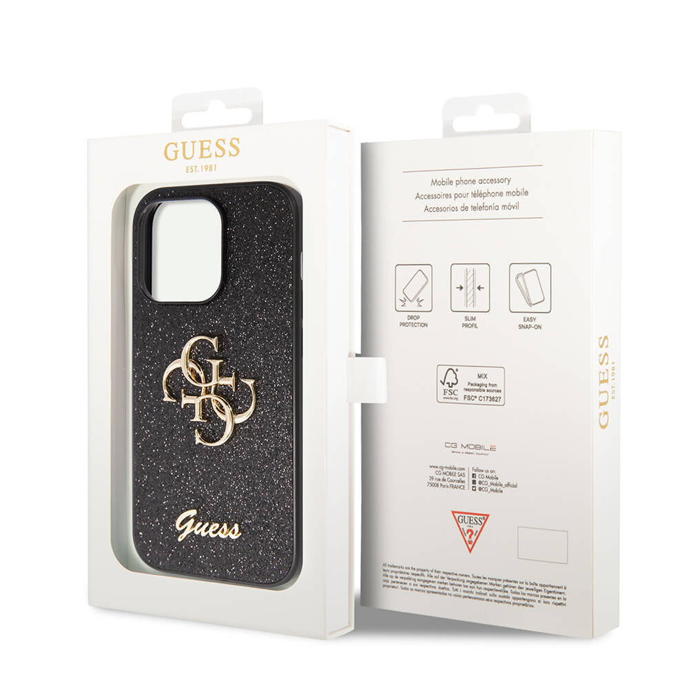 Apple iPhone 14 Pro Max Kılıf Guess Orjinal Lisanslı 4G Büyük Metal Logolu Glitter Kapak Pembe