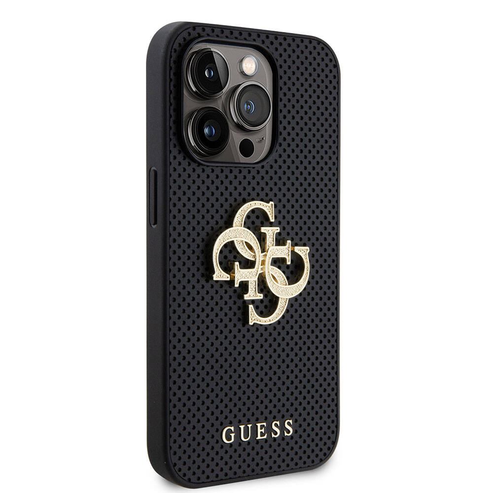 Apple iPhone 14 Pro Max Kılıf Guess Orjinal Lisanslı Delikli Yazı ve 4G Glitter Büyük Metal Logolu Kapak Gold