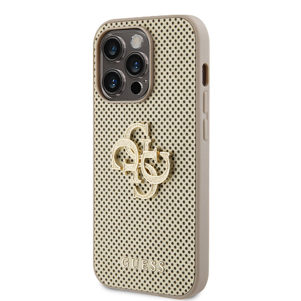 Apple iPhone 14 Pro Max Kılıf Guess Orjinal Lisanslı Delikli Yazı ve 4G Glitter Büyük Metal Logolu Kapak Gold