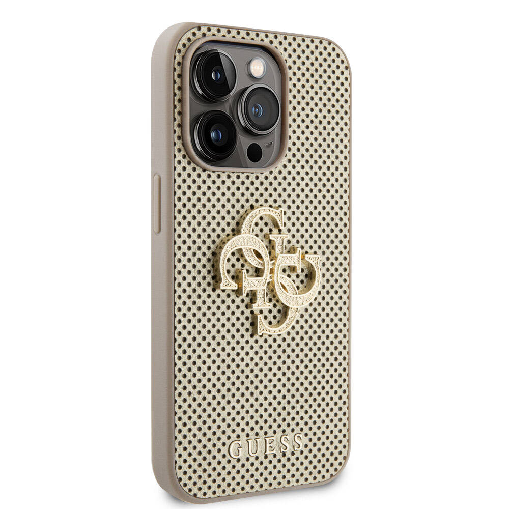 Apple iPhone 14 Pro Max Kılıf Guess Orjinal Lisanslı Delikli Yazı ve 4G Glitter Büyük Metal Logolu Kapak Gold