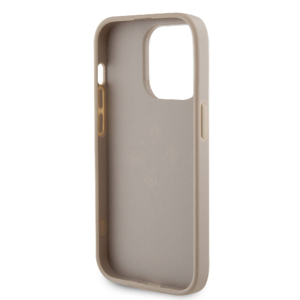 Apple iPhone 14 Pro Max Kılıf Guess Orjinal Lisanslı Delikli Yazı ve 4G Glitter Büyük Metal Logolu Kapak Gold