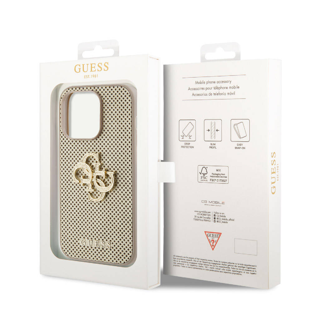 Apple iPhone 14 Pro Max Kılıf Guess Orjinal Lisanslı Delikli Yazı ve 4G Glitter Büyük Metal Logolu Kapak Gold