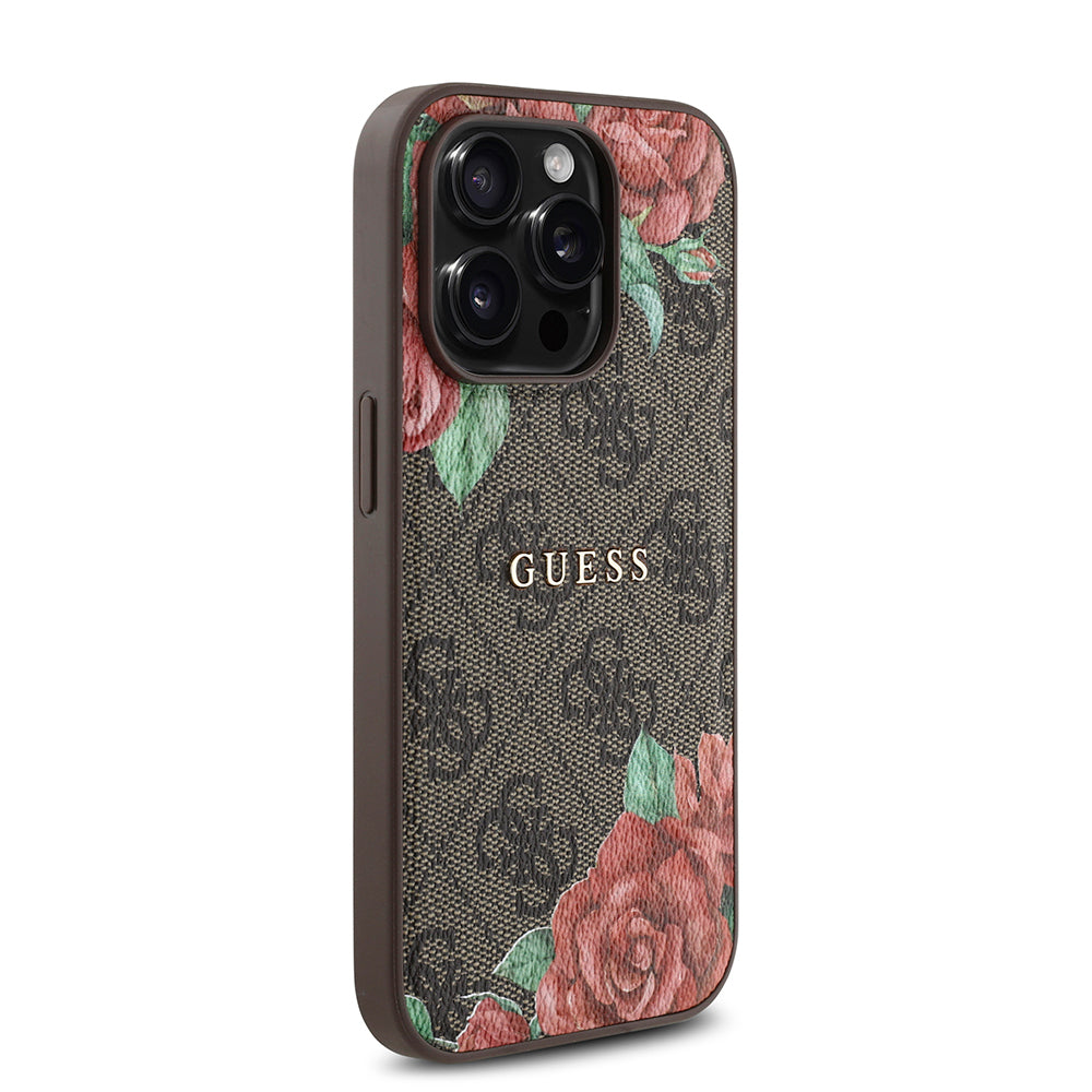 Apple iPhone 14 Pro Max Kılıf Guess Orjinal Lisanslı M-safe Şarj Özellikli Gül Baskılı 4G Desenli Yazı Logolu Kapak Siyah