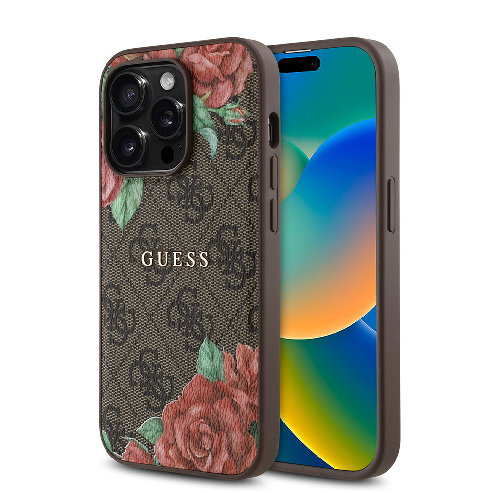 Apple iPhone 14 Pro Max Kılıf Guess Orjinal Lisanslı M-safe Şarj Özellikli Gül Baskılı 4G Desenli Yazı Logolu Kapak Kahverengi