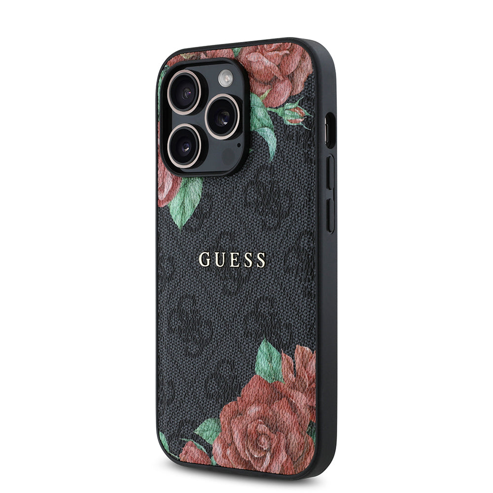 Apple iPhone 14 Pro Max Kılıf Guess Orjinal Lisanslı M-safe Şarj Özellikli Gül Baskılı 4G Desenli Yazı Logolu Kapak Siyah