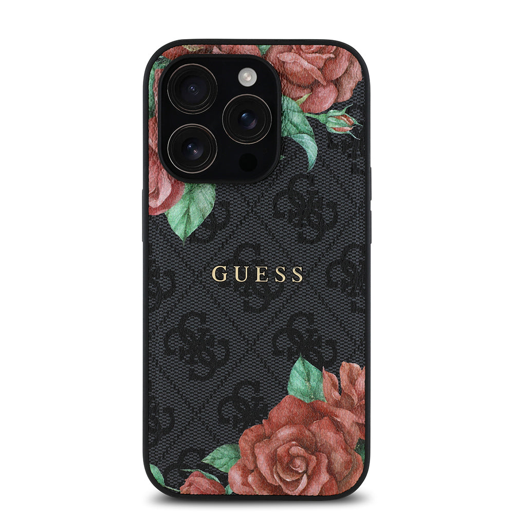 Apple iPhone 14 Pro Max Kılıf Guess Orjinal Lisanslı M-safe Şarj Özellikli Gül Baskılı 4G Desenli Yazı Logolu Kapak Siyah