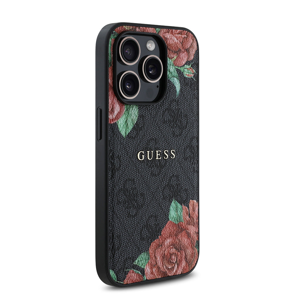 Apple iPhone 14 Pro Max Kılıf Guess Orjinal Lisanslı M-safe Şarj Özellikli Gül Baskılı 4G Desenli Yazı Logolu Kapak Siyah