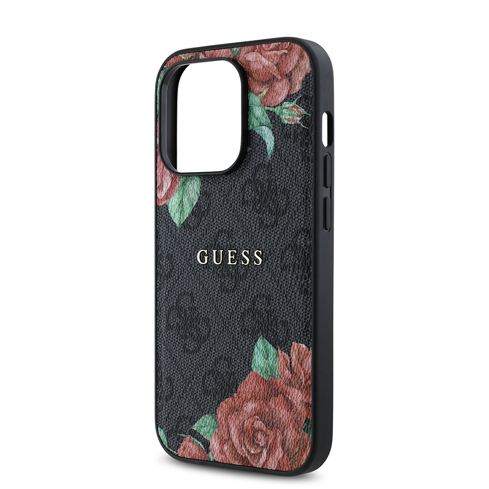 Apple iPhone 14 Pro Max Kılıf Guess Orjinal Lisanslı M-safe Şarj Özellikli Gül Baskılı 4G Desenli Yazı Logolu Kapak Siyah