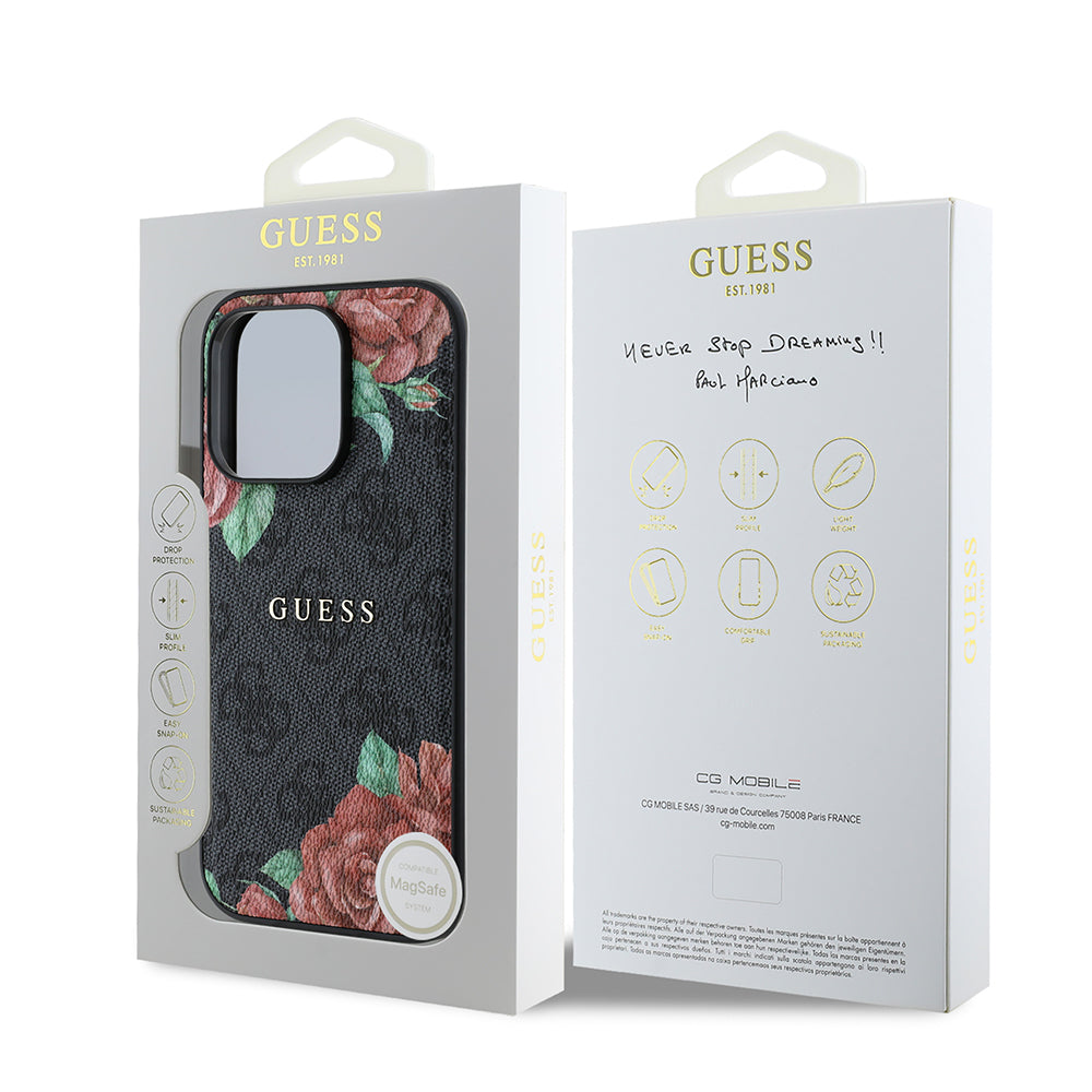 Apple iPhone 14 Pro Max Kılıf Guess Orjinal Lisanslı M-safe Şarj Özellikli Gül Baskılı 4G Desenli Yazı Logolu Kapak Siyah