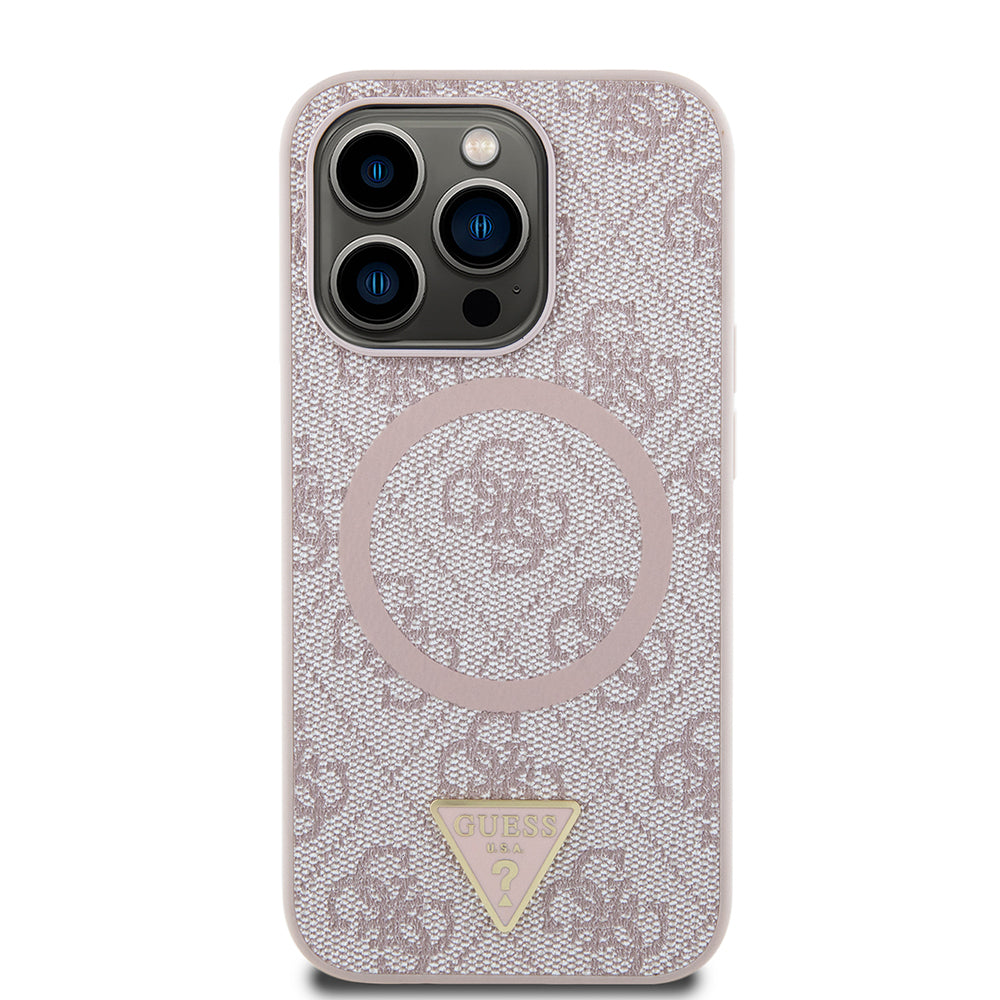 Apple iPhone 14 Pro Max Kılıf Guess Orjinal Lisanslı M-safe Şarj Özellikli PU Üçgen Logo 4G Desenli Kapak Pembe