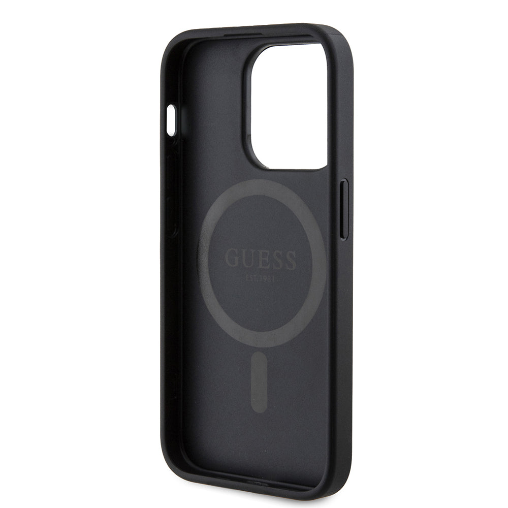 Apple iPhone 14 Pro Max Kılıf Guess Orjinal Lisanslı M-safe Şarj Özellikli PU Üçgen Logo 4G Desenli Kapak Kahverengi