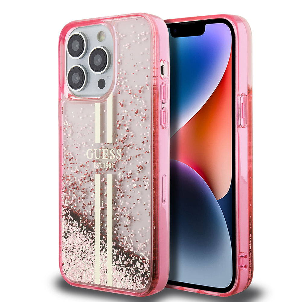 Apple iPhone 14 Pro Max Kılıf Guess Orjinal Lisanslı Transparan Sıvılı Simli Altın Çizgili Kapak