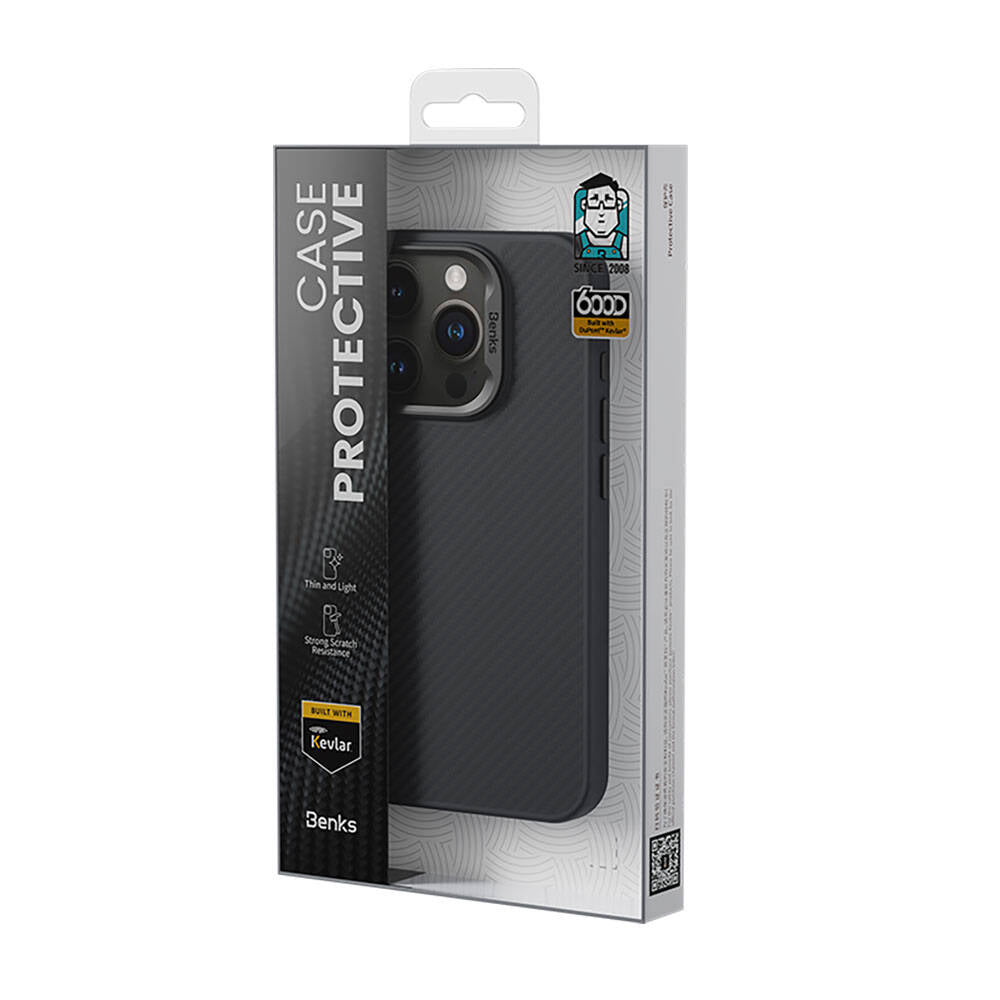 Apple iPhone 14 Pro Max Kılıf Karbon Fiber M-safe Şarj Özellikli Benks Hybrid ArmorPro 600D Kevlar Kapak Siyah