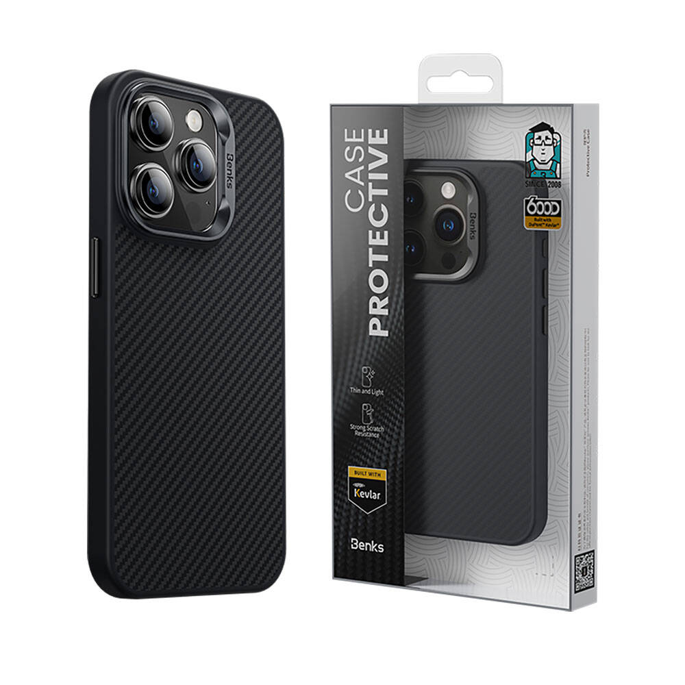 Apple iPhone 14 Pro Max Kılıf Karbon Fiber M-safe Şarj Özellikli Benks Hybrid ArmorPro 600D Kevlar Kapak Siyah