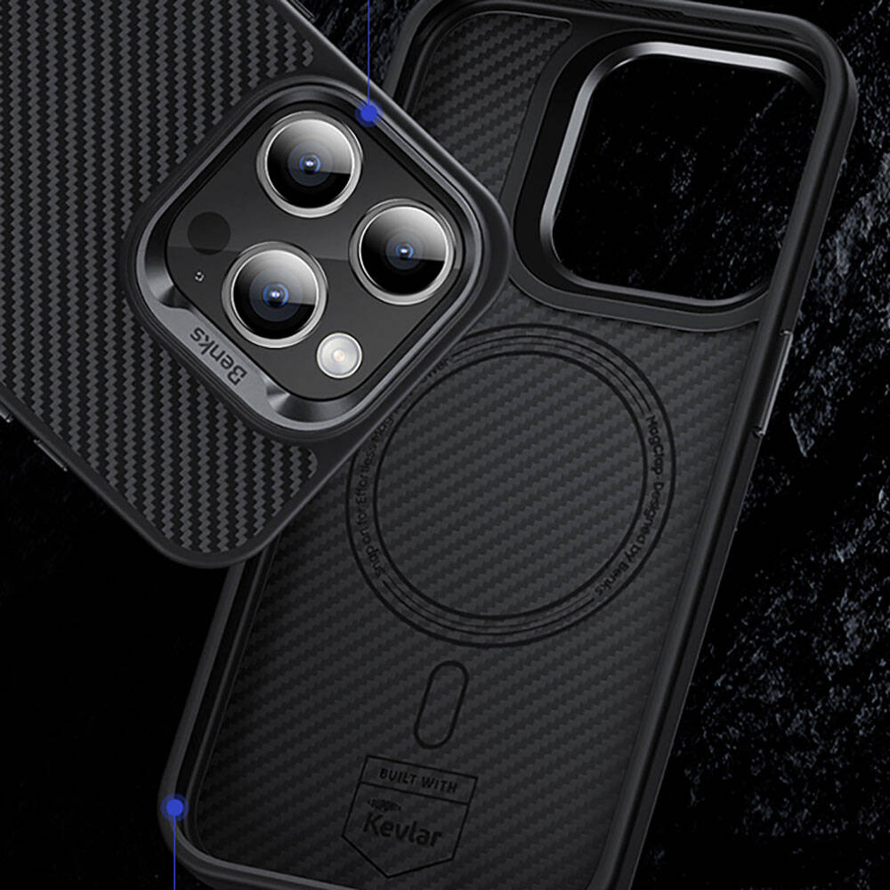 Apple iPhone 14 Pro Max Kılıf Karbon Fiber M-safe Şarj Özellikli Benks Hybrid ArmorPro 600D Kevlar Kapak Siyah