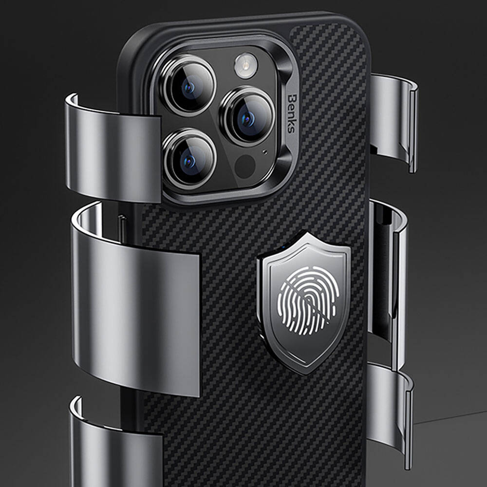 Apple iPhone 14 Pro Max Kılıf Karbon Fiber M-safe Şarj Özellikli Benks Hybrid ArmorPro 600D Kevlar Kapak Siyah