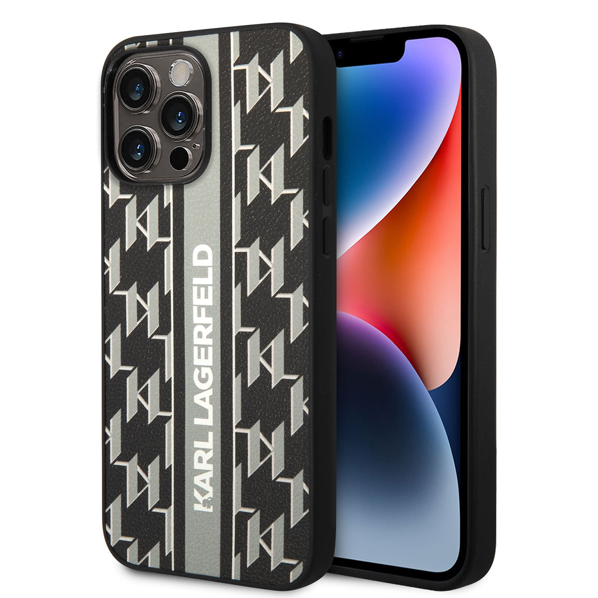 Apple iPhone 14 Pro Max Kılıf Karl Lagerfeld PU Suni Deri Şerit Dizayn Kapak Gri