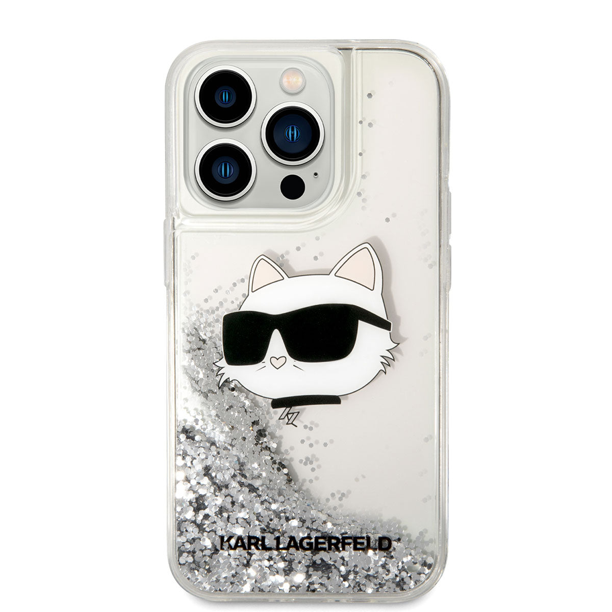 Apple iPhone 14 Pro Max Kılıf Karl Lagerfeld Sıvılı Simli Choupette Head Dizayn Kapak Gümüş