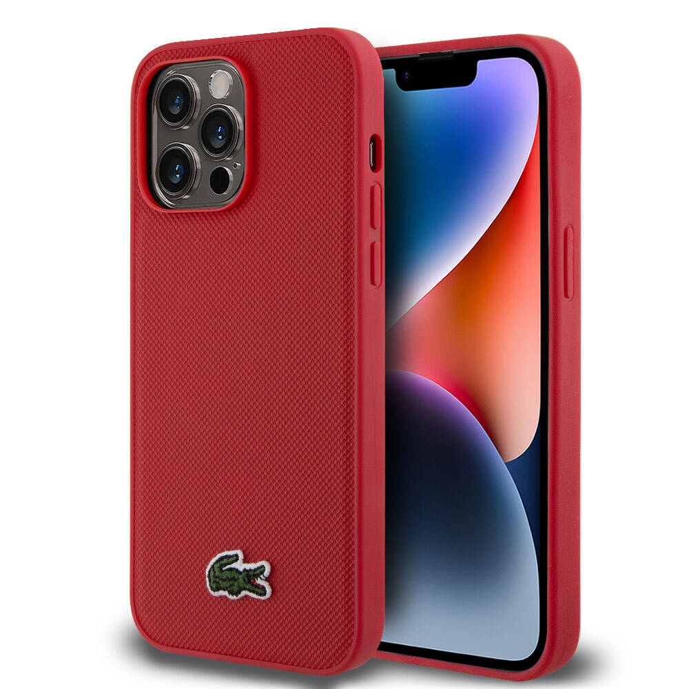 Apple iPhone 14 Pro Max Kılıf Lacoste Orjinal Lisanslı PU Pike Desenli Arka Yüzey İkonik Timsah Dokuma Logolu Kapak Kırmızı