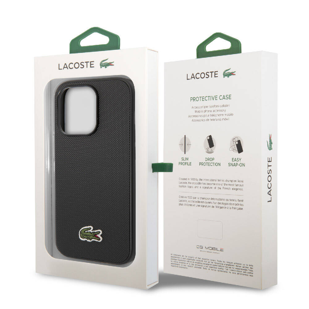 Apple iPhone 14 Pro Max Kılıf Lacoste Orjinal Lisanslı PU Pike Desenli Arka Yüzey İkonik Timsah Dokuma Logolu Kapak Siyah