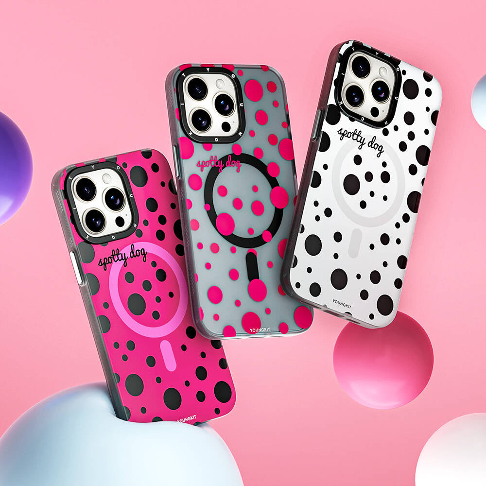 Apple iPhone 14 Pro Max Kılıf M-safe Şarj Özellikli Polka Dot Desenli Youngkit Spots Serisi Kapak Beyaz