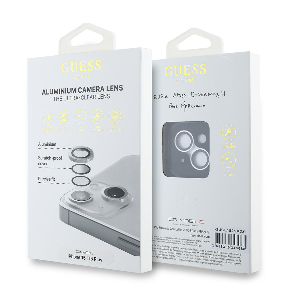 Apple iPhone 15 Guess Orjinal Lisanslı Metal Kamera Lens Koruyucu Gümüş